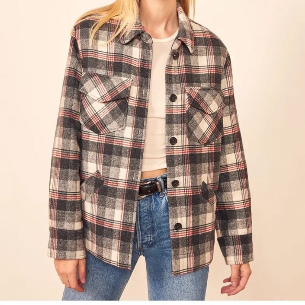 Reformation Woodside Jacket Charcoal Check Shacket Sz M
